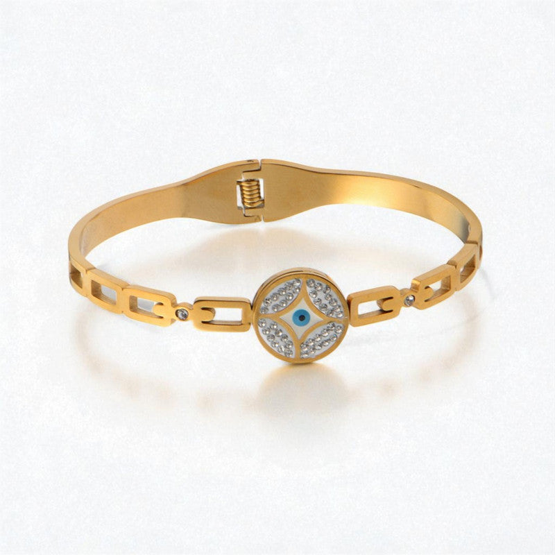 Gold Plated Stainless Steel Evil Eye Themed Anti Tarnish Bangle Style Bracelet
