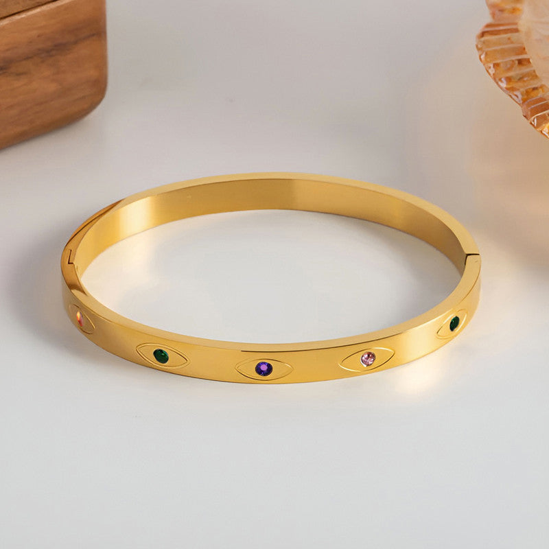 Gold Plated Stainless Steel Evil Eye Themed Anti Tarnish Bangle Style Bracelet