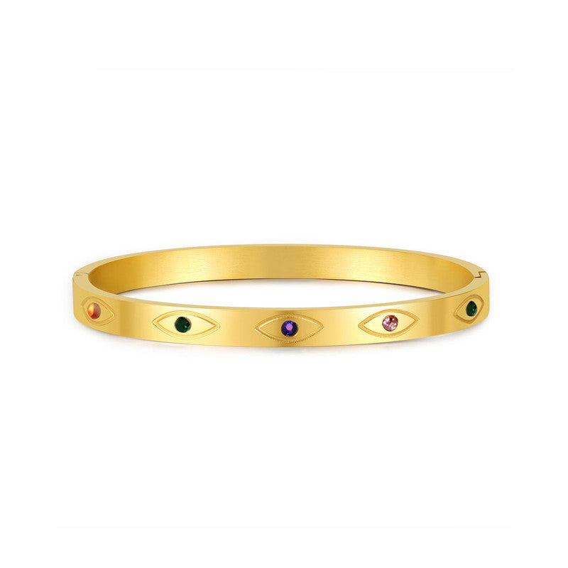 Gold Plated Stainless Steel Evil Eye Themed Anti Tarnish Bangle Style Bracelet