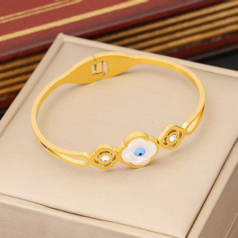 Gold Plated Stainless Steel Evil Eye Themed Anti Tarnish Bangle Style Bracelet