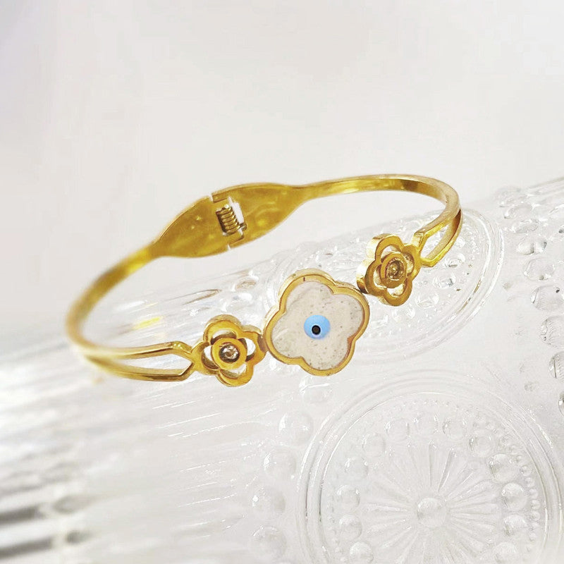 Gold Plated Stainless Steel Evil Eye Themed Anti Tarnish Bangle Style Bracelet