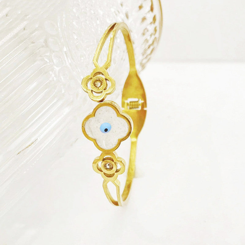 Gold Plated Stainless Steel Evil Eye Themed Anti Tarnish Bangle Style Bracelet