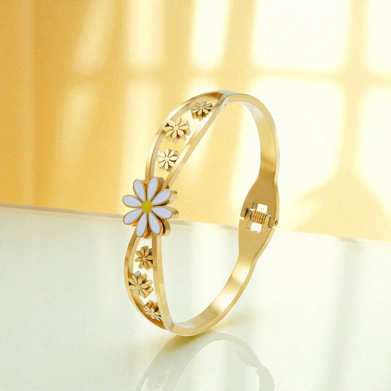Gold Plated Stainless Steel Floral Themed Anti Tarnish Bangle Style Bracelet