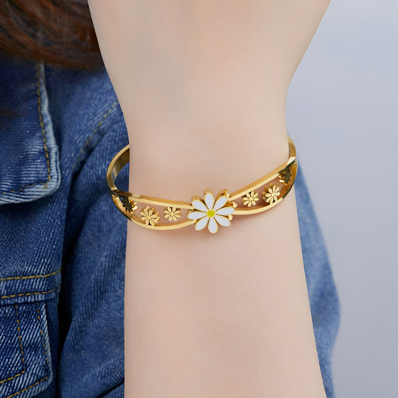 Gold Plated Stainless Steel Floral Themed Anti Tarnish Bangle Style Bracelet