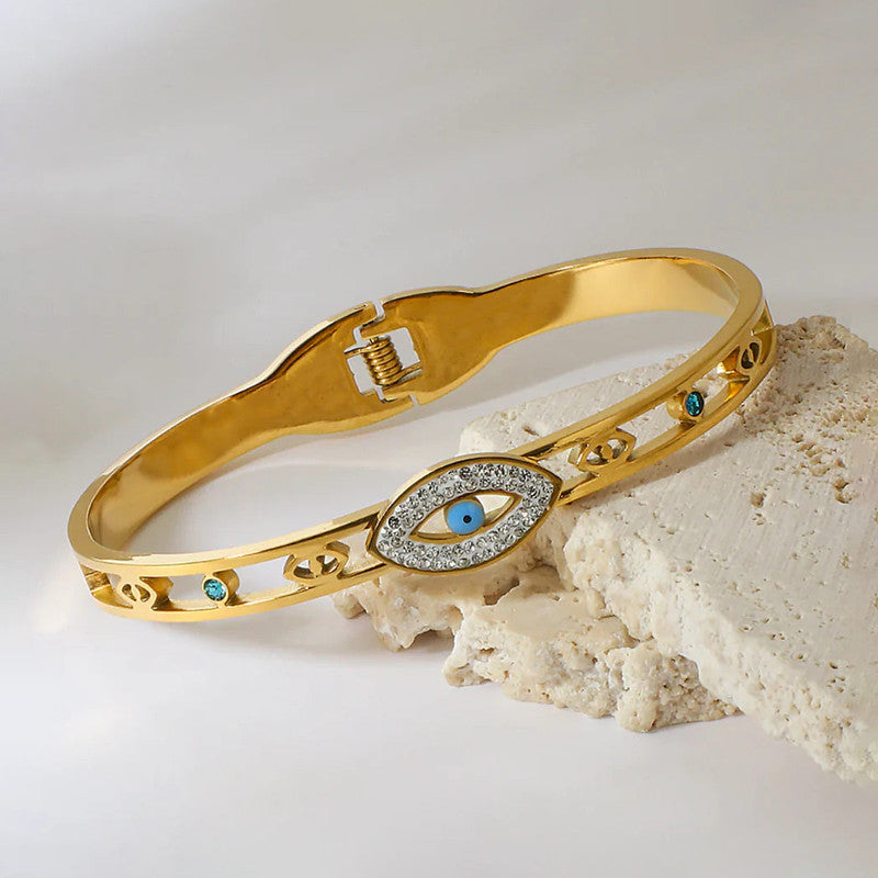 Gold Plated Stainless Steel Evil Eye Themed Anti Tarnish Bangle Style Bracelet