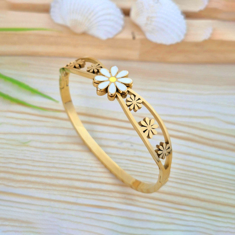 Gold Plated Stainless Steel Floral Themed Anti Tarnish Bangle Style Bracelet