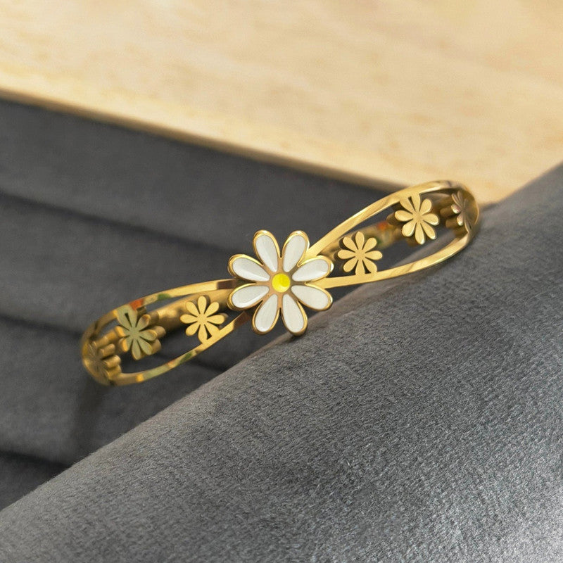 Gold Plated Stainless Steel Floral Themed Anti Tarnish Bangle Style Bracelet