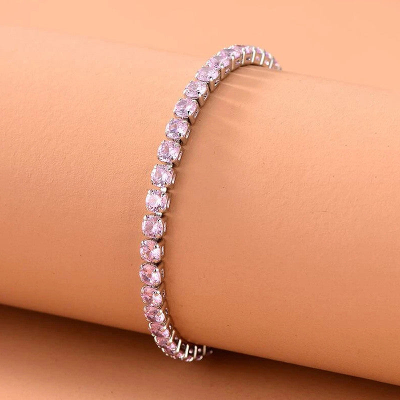 Silver Plated Round Cut Cubic Zirconia Pink Matrix Anti Tarnish Tennis Bracelet
