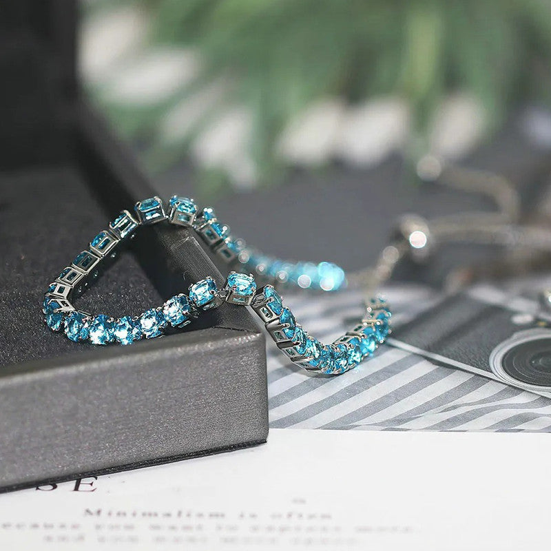 Silver Plated Round Cut Cubic Zirconia Blue Matrix Anti Tarnish Tennis Bracelet