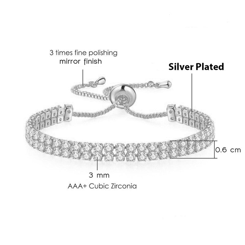 Silver Plated Dual Strand Round Cut Cubic Zirconia White Matrix Anti Tarnish Tennis Bracelet
