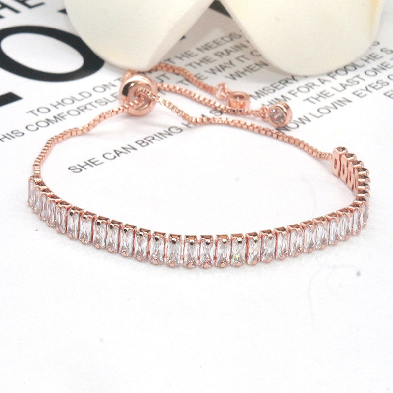 Rose Gold Plated Rectangular Cut Cubic Zirconia White Matrix Tennis Bracelet