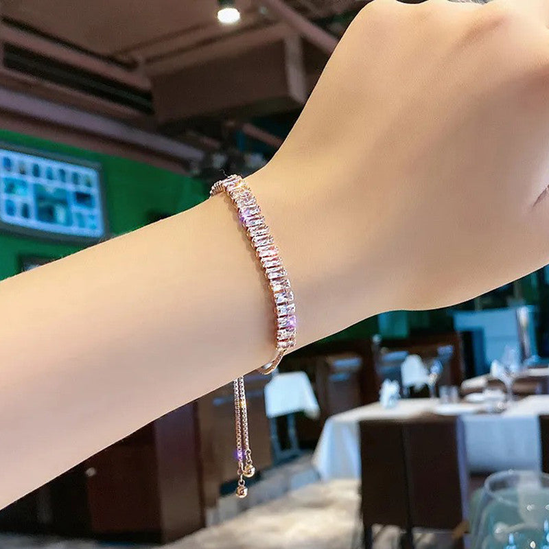 Rose Gold Plated Rectangular Cut Cubic Zirconia White Matrix Tennis Bracelet