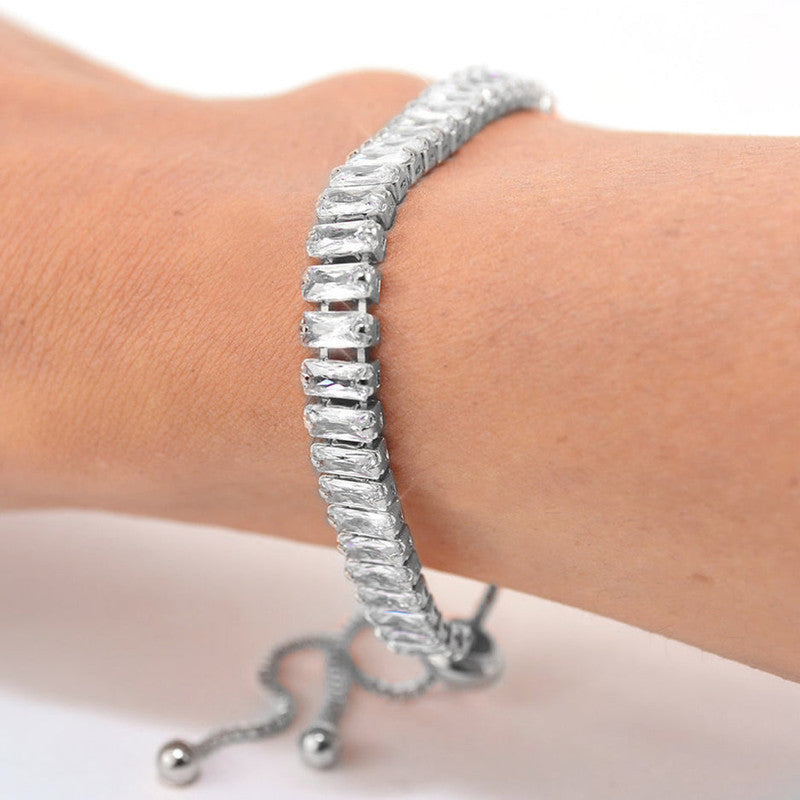 Silver Plated Rectangular Cut Cubic Zirconia White Matrix Anti Tarnish Tennis Bracelet