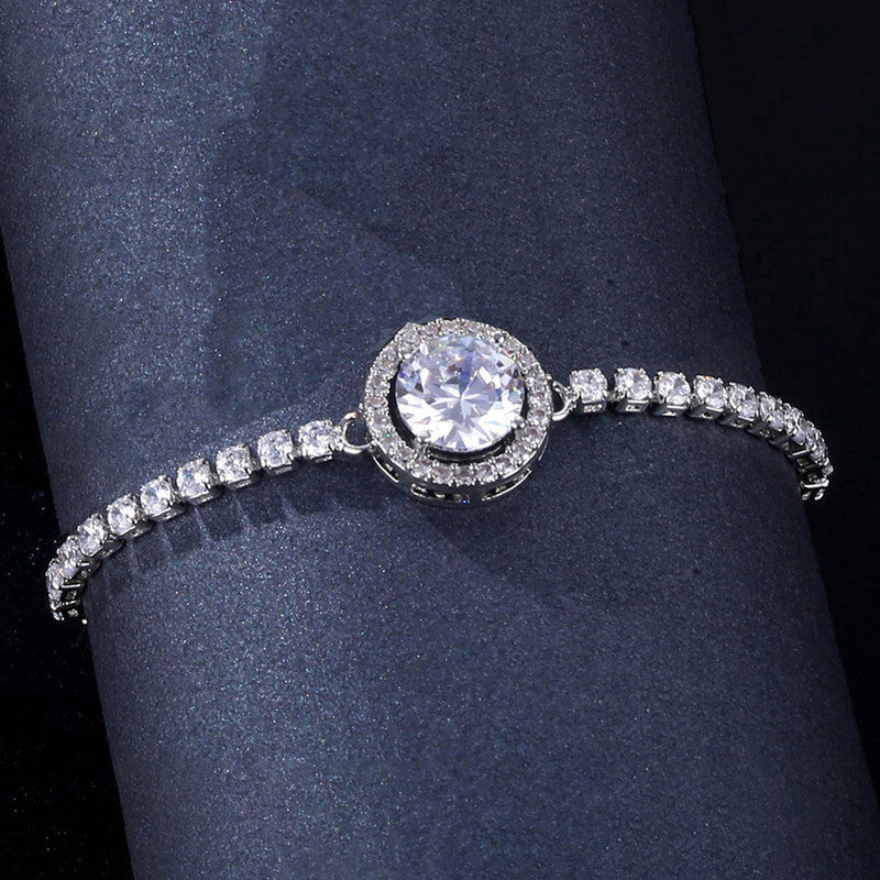 Silver Plated Round Crystal Studded Matrix Anti Tarnish Tennis Bracelet