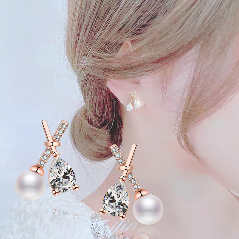 Rose Gold Plated American Diamond Studded Cross Shape Korean Stud Earrings
