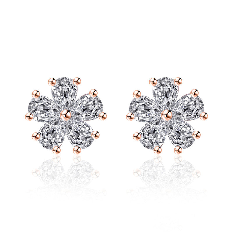 Rose Gold Plated American Diamond Studded Floral Korean Stud Earrings