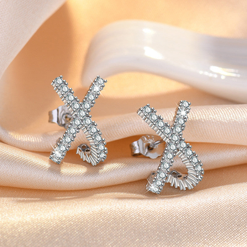 Silver Plated American Diamond Studded Cross Shape Korean Stud Earrings
