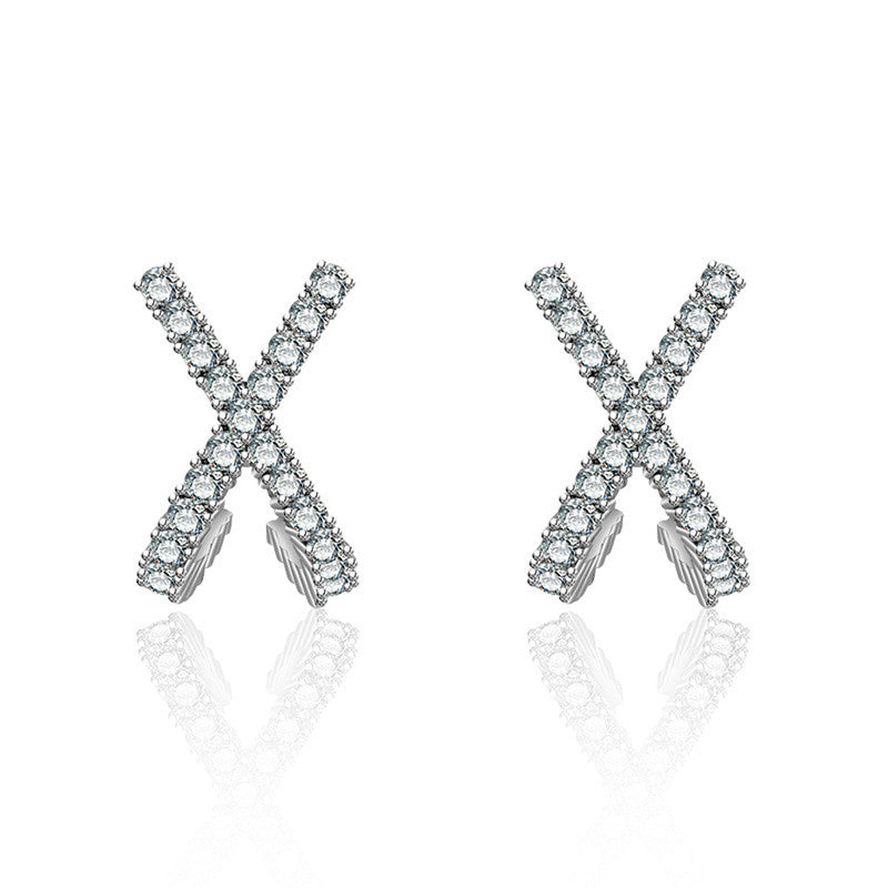 Silver Plated American Diamond Studded Cross Shape Korean Stud Earrings