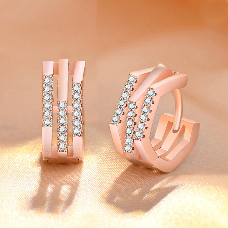 Rose Gold Plated American Diamond Studded Geometric Korean Hoop Earrings