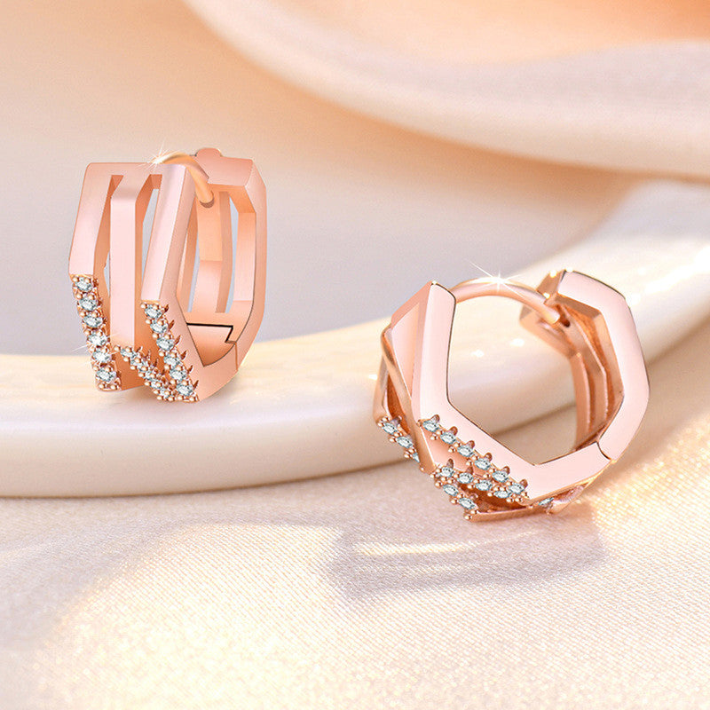 Rose Gold Plated American Diamond Studded Geometric Korean Hoop Earrings