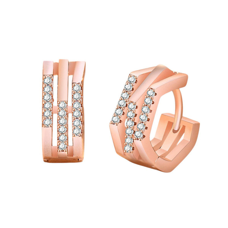 Rose Gold Plated American Diamond Studded Geometric Korean Hoop Earrings