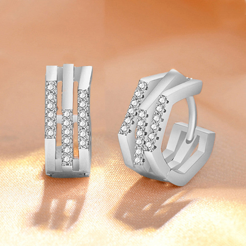 Silver Plated American Diamond Studded Geometric Korean Hoop Earrings