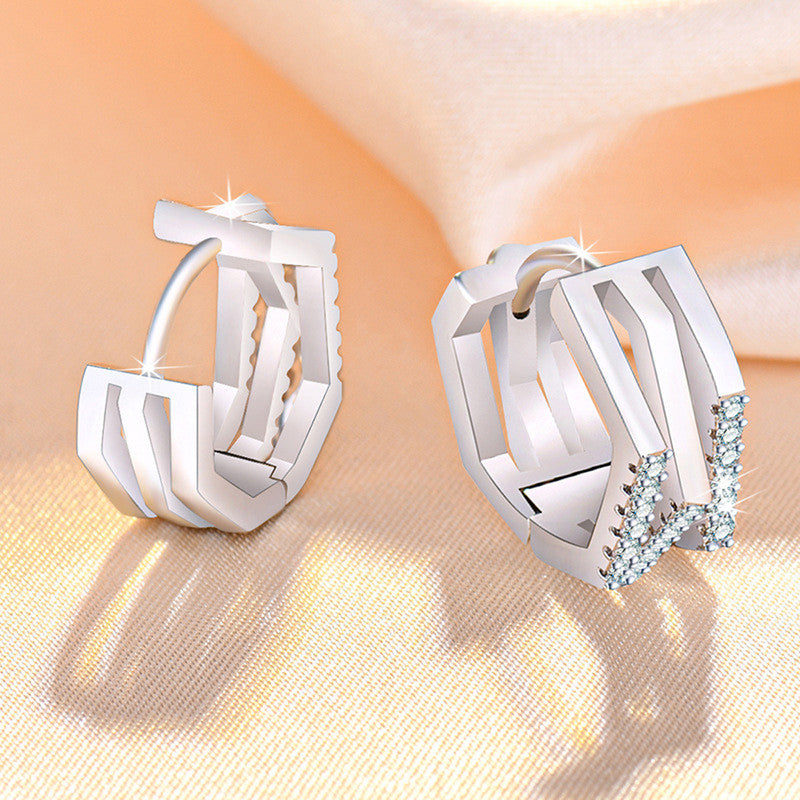 Silver Plated American Diamond Studded Geometric Korean Hoop Earrings