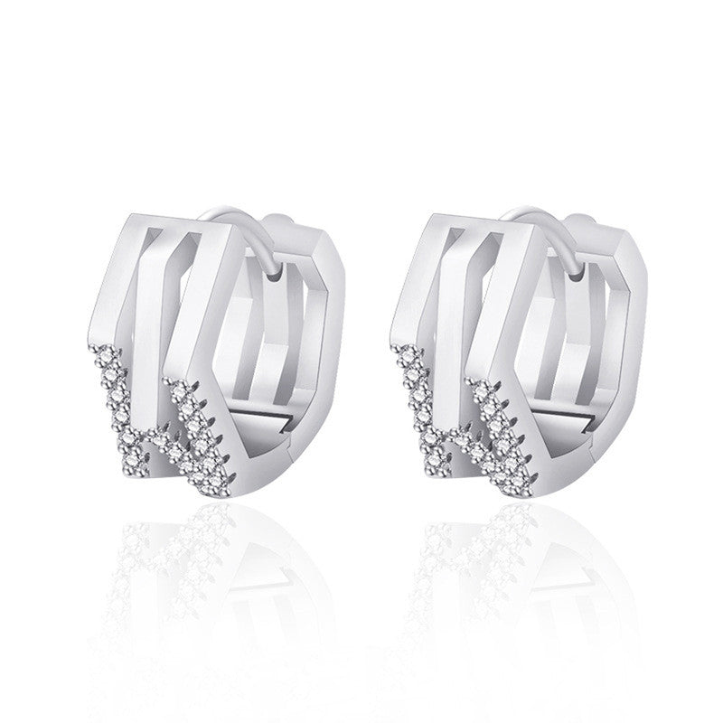 Silver Plated American Diamond Studded Geometric Korean Hoop Earrings