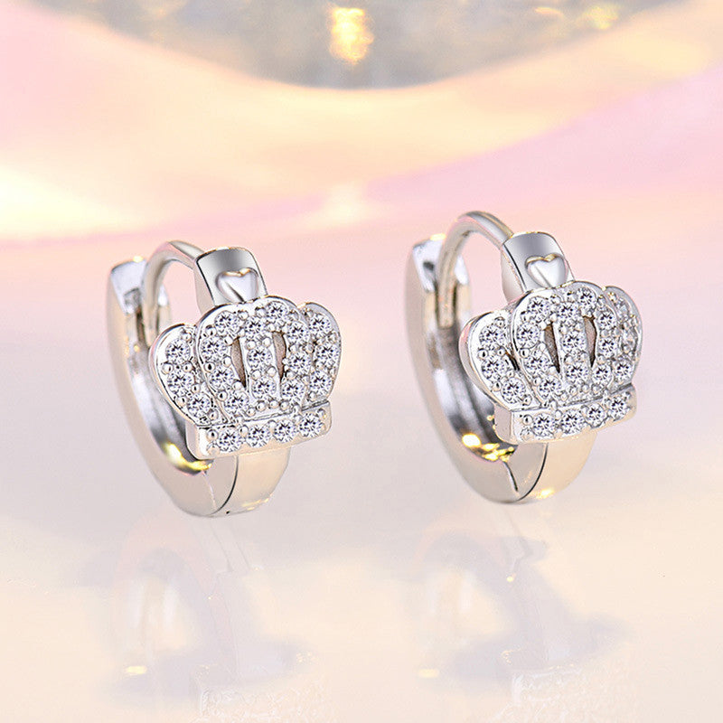 Silver Plated American Diamond Studded Crown Shape Korean Hoop Earrings