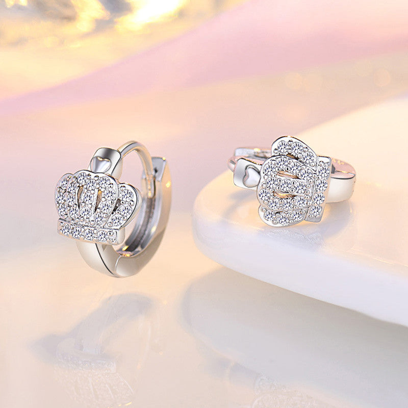 Silver Plated American Diamond Studded Crown Shape Korean Hoop Earrings