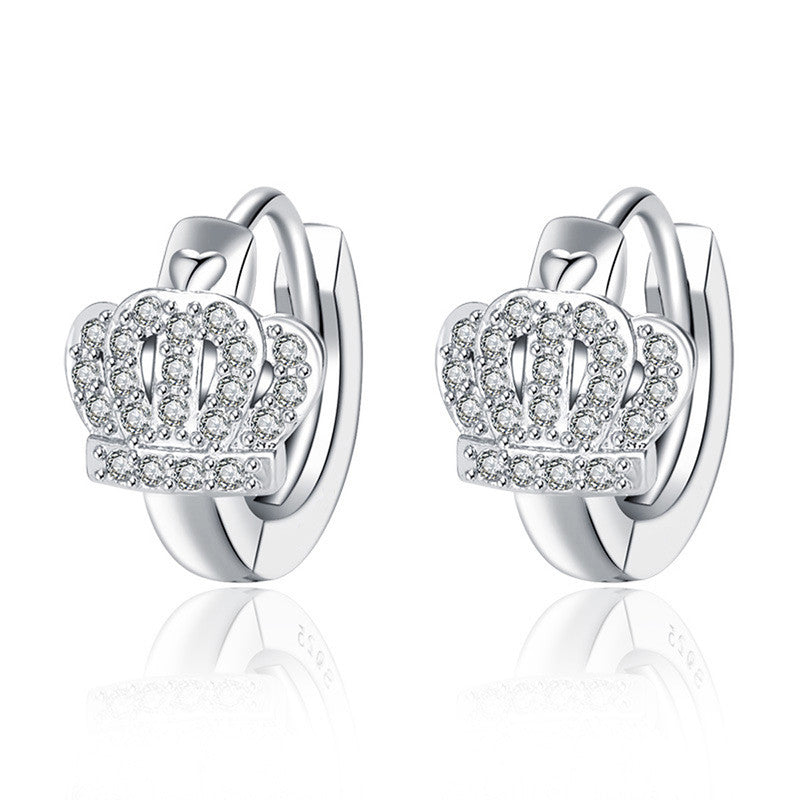 Silver Plated American Diamond Studded Crown Shape Korean Hoop Earrings