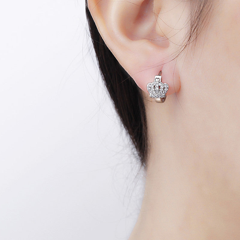 Silver Plated American Diamond Studded Crown Shape Korean Hoop Earrings