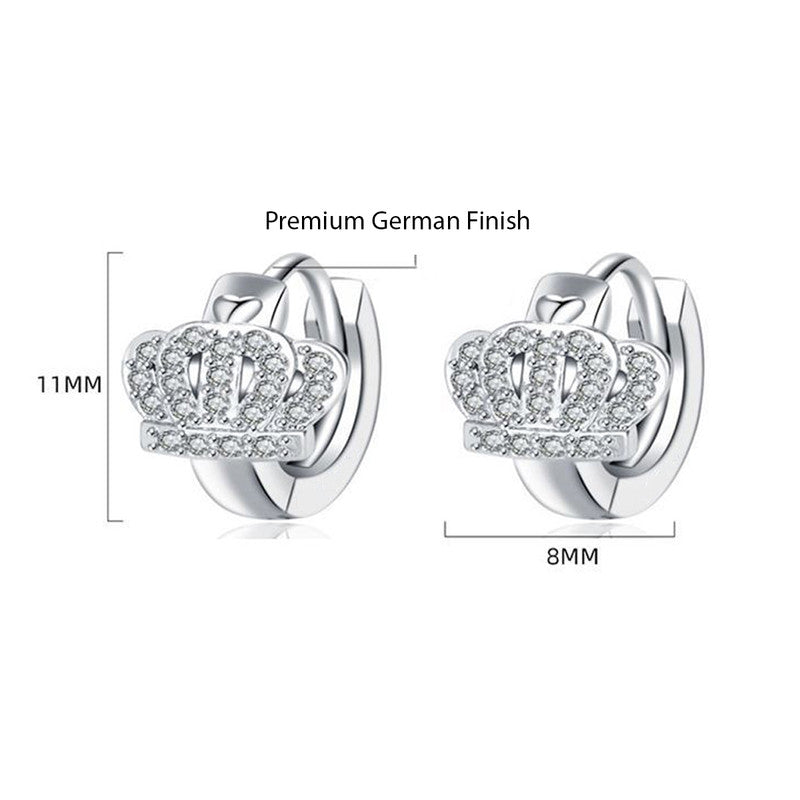 Silver Plated American Diamond Studded Crown Shape Korean Hoop Earrings