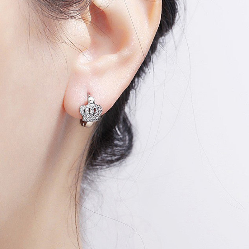 Silver Plated American Diamond Studded Crown Shape Korean Hoop Earrings