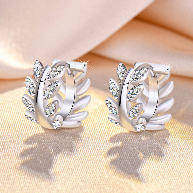 Silver Plated American Diamond Studded Leaf inspired Hoop Earrings