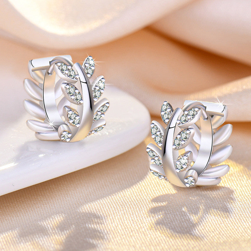 Silver Plated American Diamond Studded Leaf inspired Hoop Earrings