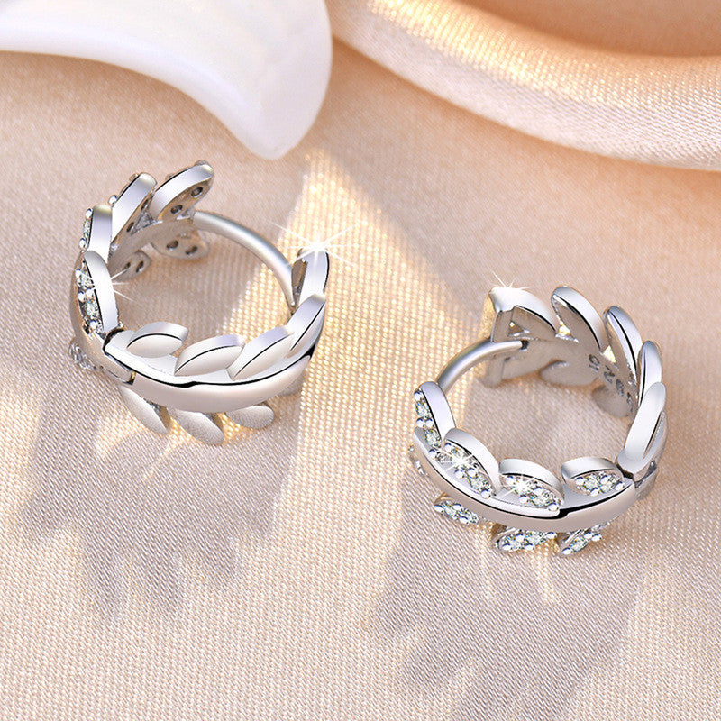 Silver Plated American Diamond Studded Leaf inspired Hoop Earrings