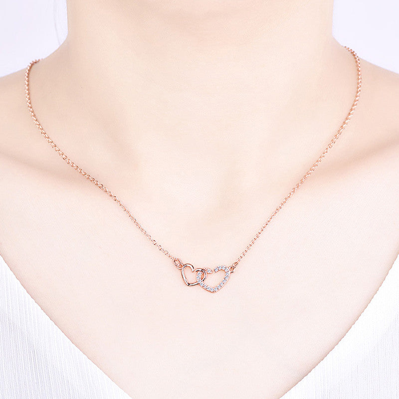 Rose Gold Plated American Diamond Studded Dual Heart Contemporary Korean Pendant