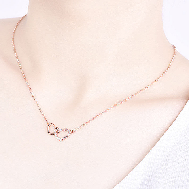 Rose Gold Plated American Diamond Studded Dual Heart Contemporary Korean Pendant