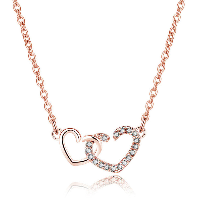 Rose Gold Plated American Diamond Studded Dual Heart Contemporary Korean Pendant