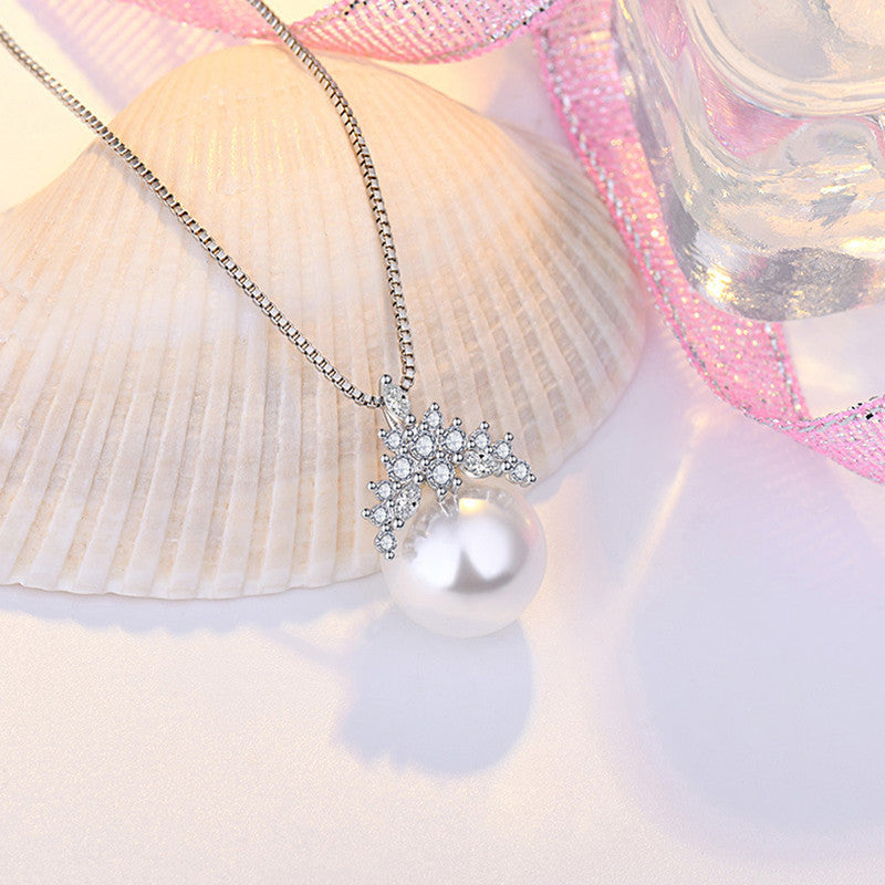 Silver Plated American Diamond Studded Crown Like Pearl Studded Korean Pendant