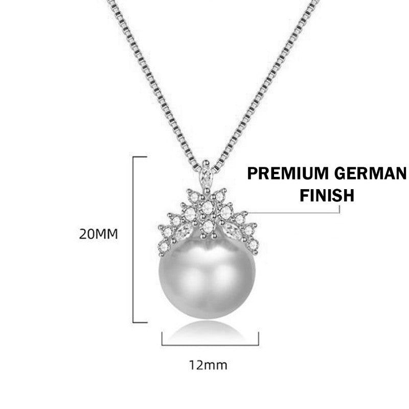 Silver Plated American Diamond Studded Crown Like Pearl Studded Korean Pendant