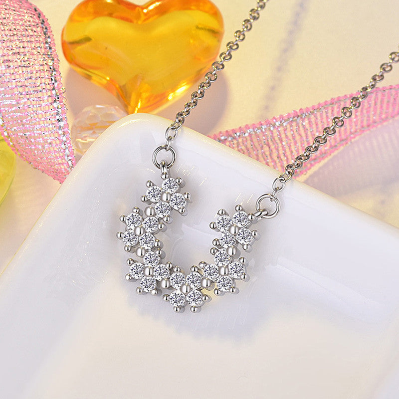 Silver Plated American Diamond Studded Half Hoop Floral Pendant