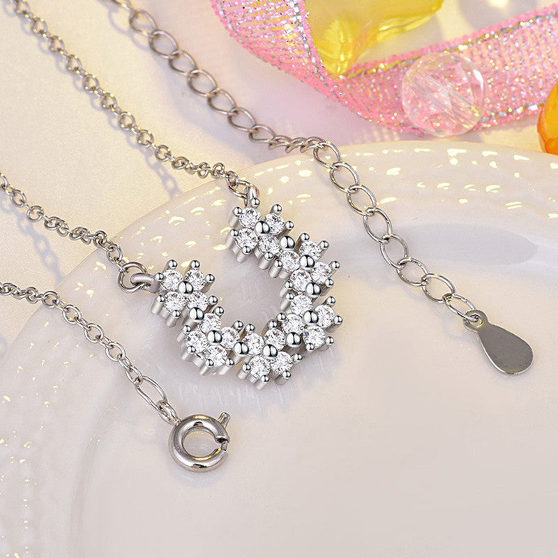 Silver Plated American Diamond Studded Half Hoop Floral Pendant