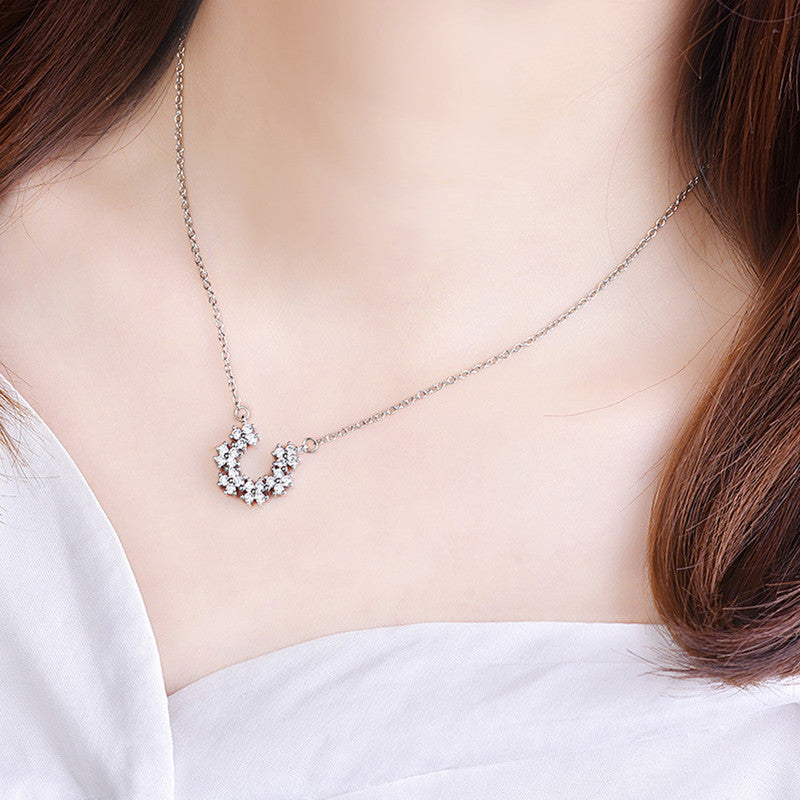 Silver Plated American Diamond Studded Half Hoop Floral Pendant