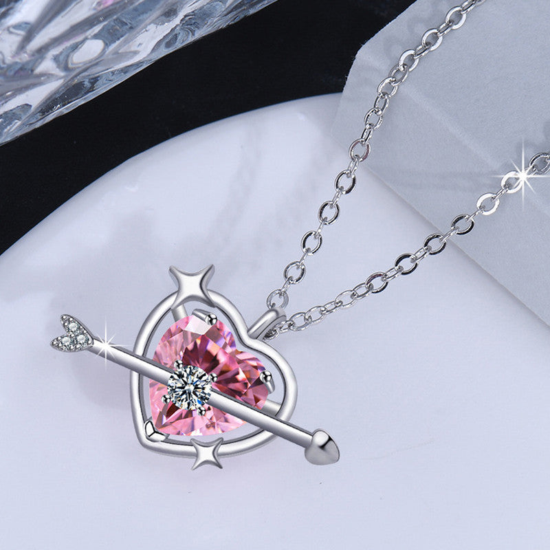 Silver Plated American Diamond Studded Pink Heart Themed Pendant