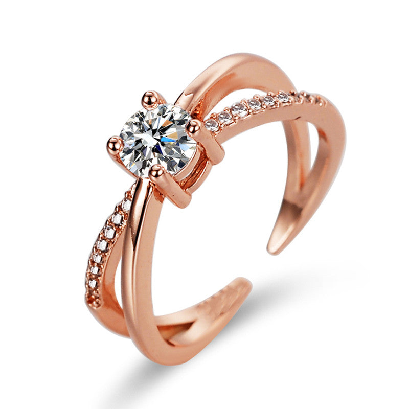 Rose Gold Plated American Diamond Studded Cross Shape Adjustable Finger Ring - MySmartBazaar