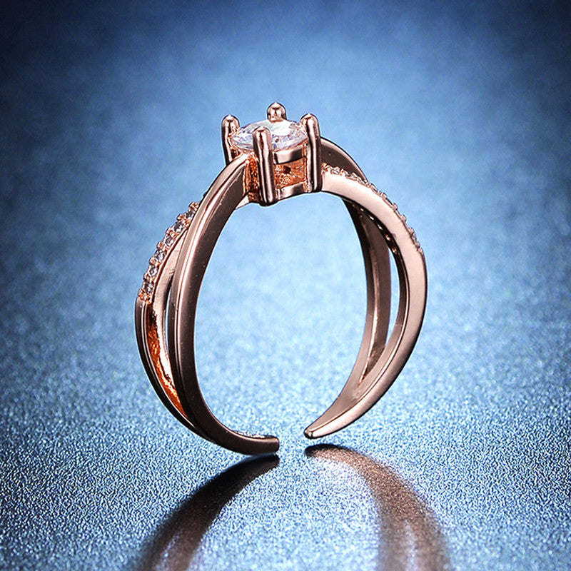Rose Gold Plated American Diamond Studded Cross Shape Adjustable Finger Ring - MySmartBazaar