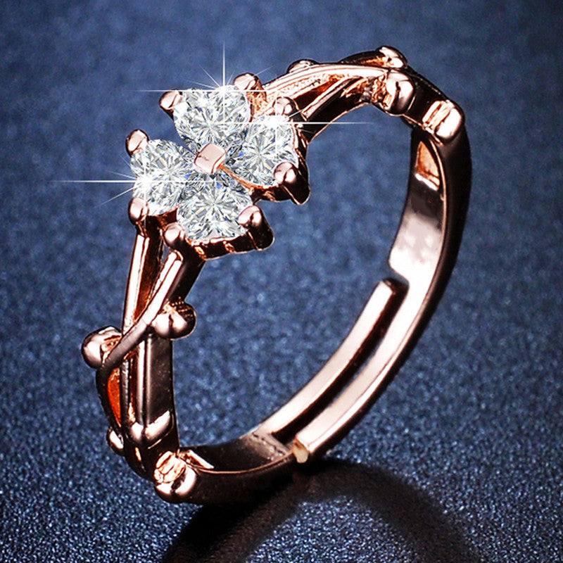 Rose Gold Plated American Diamond Studded Floral Contemporary Adjustable Finger Ring - MySmartBazaar