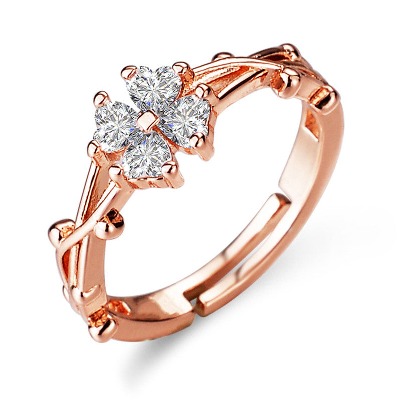 Rose Gold Plated American Diamond Studded Floral Contemporary Adjustable Finger Ring - MySmartBazaar